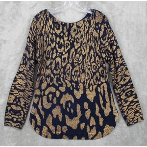 Chicos Sweater 1 Us Medium Animal Print Pullover Copper Navy Blue Lightweight